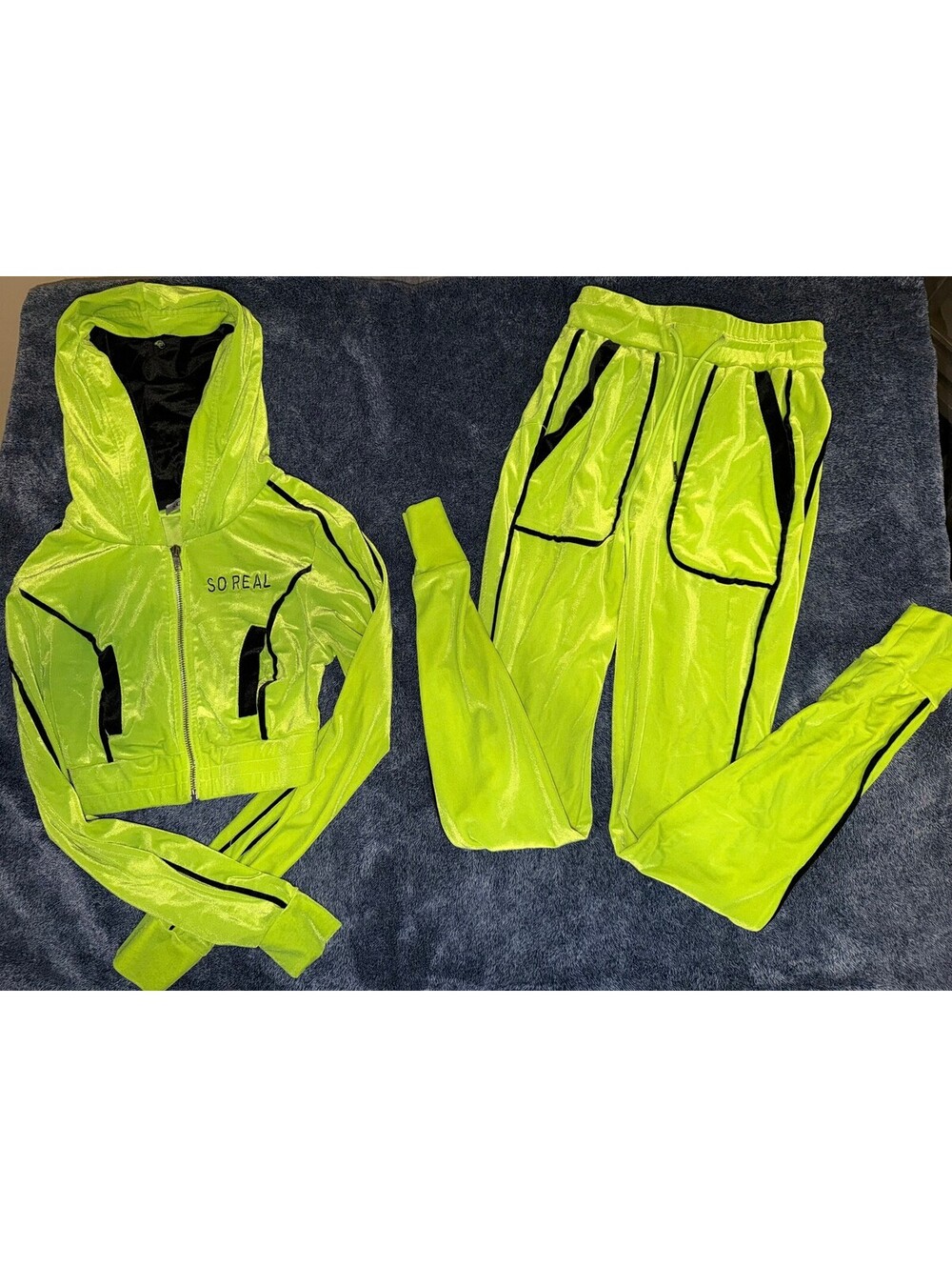 GSUWOO So Real Neon Lime Velour Tracksuit Set Cropped Zip Hoodie + Joggers Y2K S